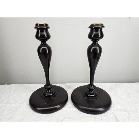 Other - Antique 1900's Dark Wood Candlestick Holders Pair Ornate Brass Top Elegant